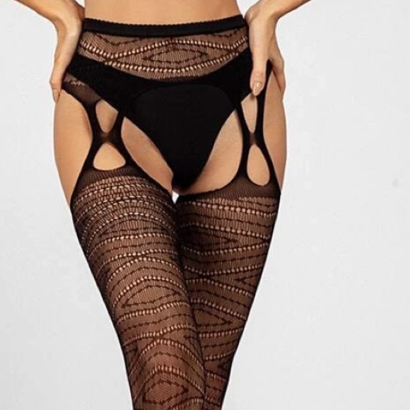 Stay-Up Black Fishnet Cutout Tights & Garter - Picture 3 of 8